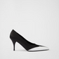 Black Satin And Metallic Silver Leather Pumps