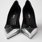 Black Satin And Metallic Silver Leather Pumps