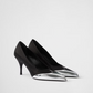 Black Satin And Metallic Silver Leather Pumps