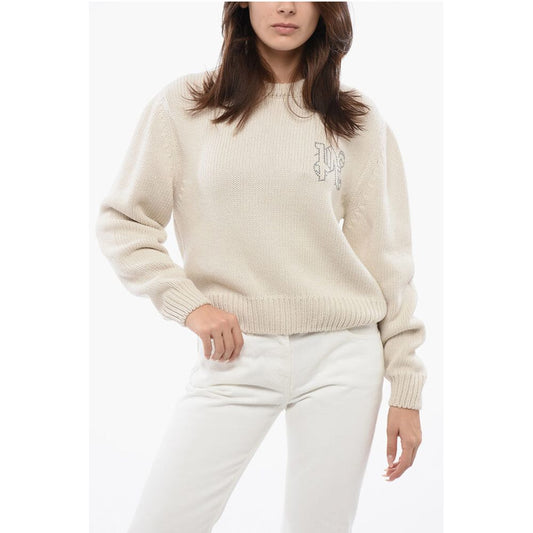 Wool Blend Crewneck Sweater With Studded Logo