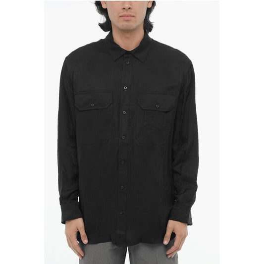 Solid Color Loose Fit Shirt with Double Breast Pocket