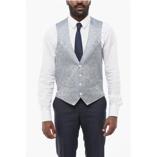 Blended Silk Damasked Motif Vest with Half-Belt