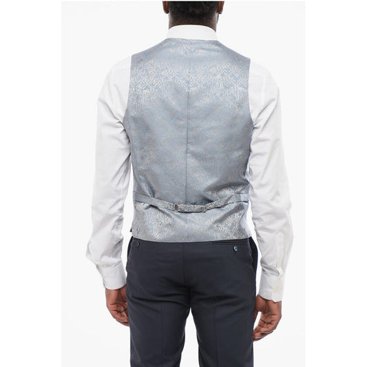 Blended Silk Damasked Motif Vest with Half-Belt