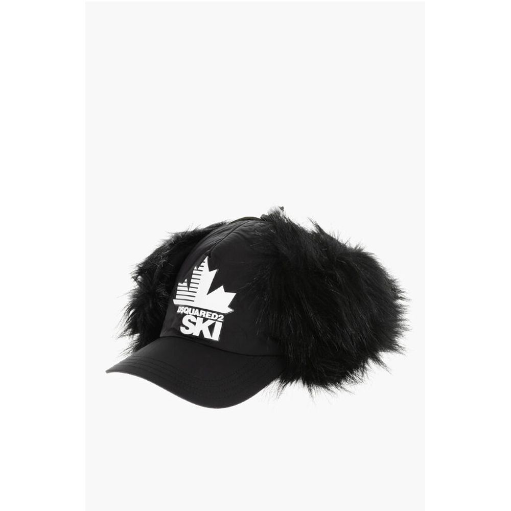 SKI Solid Color Cap with Contrasting Logo and Faux Fur Detai