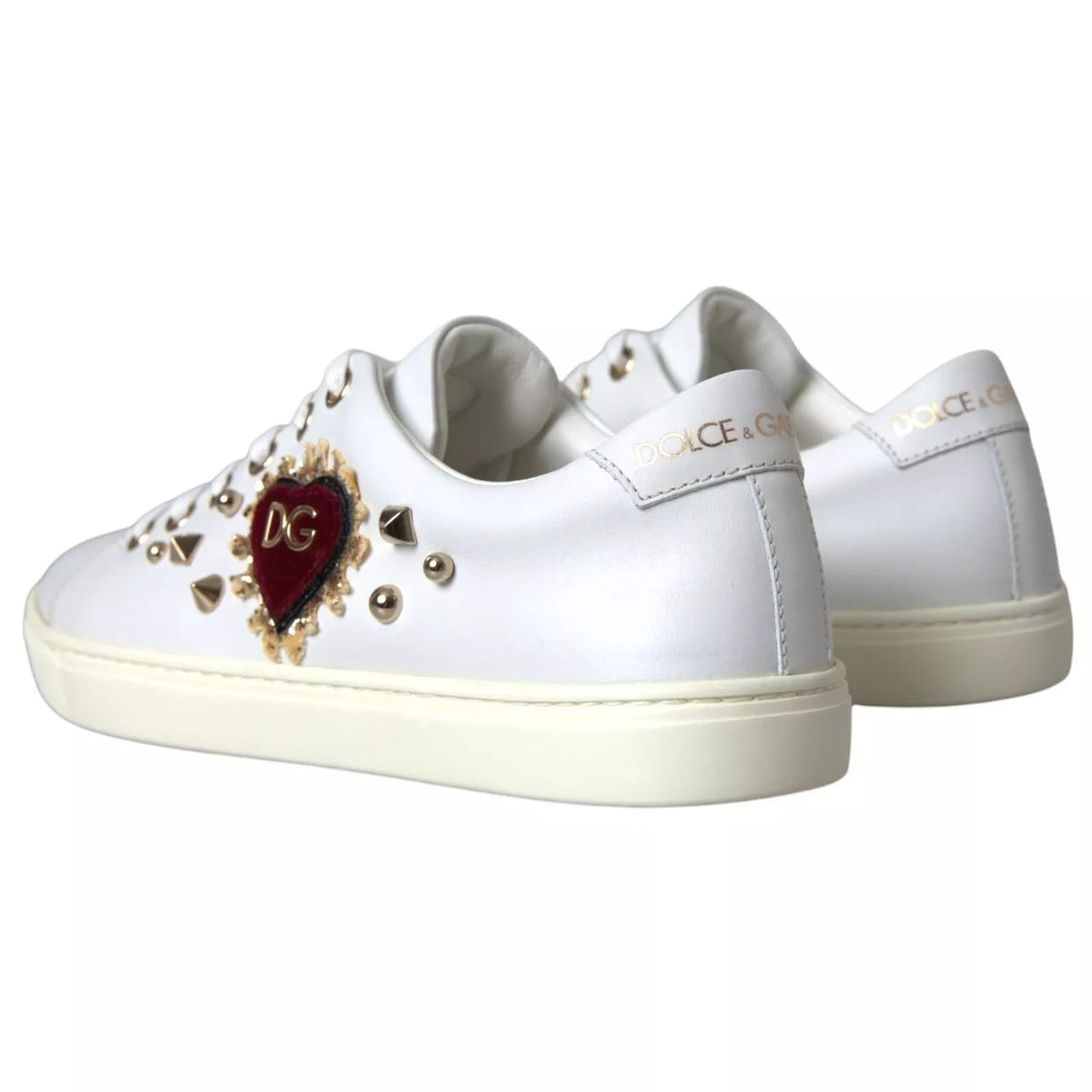 White Leather Gold Red Heart Sneakers Shoes