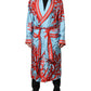 Blue Red Coral Print Wrap Robe Coat Jacket