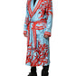 Blue Red Coral Print Wrap Robe Coat Jacket