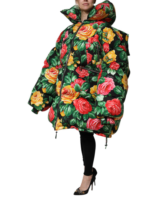 Multicolor Floral Puffer Hooded Jacket