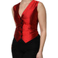 Red Black Button Down Sleeveless Vest Top