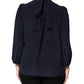 Blue Silk Mock Neck Long Sleeves Blouse Top