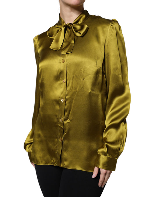 Green Ascot Collar Long Sleeves Blouse Top