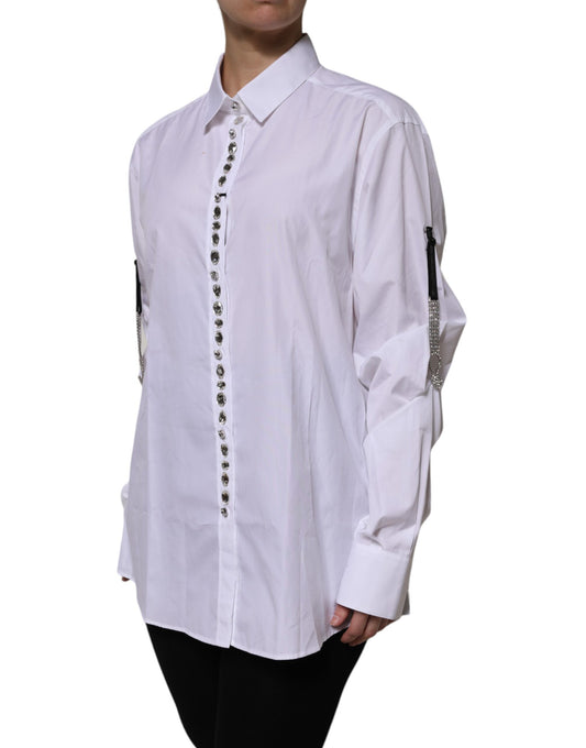 White Rhinestone Embellish Long Sleeves Top