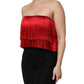 Red Silk Strapless Fringe Crop Tube Top