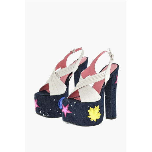 Leather EVENING Denim Lined Sandals With Patches Heel 17 cm