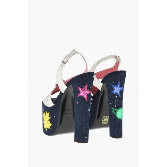 Leather EVENING Denim Lined Sandals With Patches Heel 17 cm
