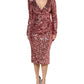 Pink Sequin Statement Nylon Midi V-Neck Dress