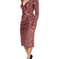 Pink Sequin Statement Nylon Midi V-Neck Dress