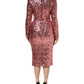 Pink Sequin Statement Nylon Midi V-Neck Dress