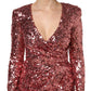 Pink Sequin Statement Nylon Midi V-Neck Dress