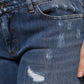 Blue Tattered Cotton Low Waist Denim Jeans