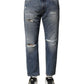Blue Washed Tattered Straight Fit Denim Jeans
