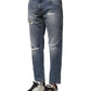 Blue Washed Tattered Straight Fit Denim Jeans
