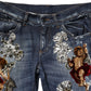 Blue Cotton Rhinestone Embellish Denim Jeans
