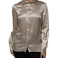 Beige Satin Silk Collared Long Sleeves Top