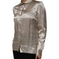 Beige Satin Silk Collared Long Sleeves Top