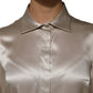 Beige Satin Silk Collared Long Sleeves Top