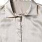 Beige Satin Silk Collared Long Sleeves Top