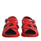 Red Black Leather Ankle Strap Sandals Shoes