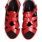Red Black Leather Ankle Strap Sandals Shoes