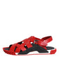 Red Black Leather Ankle Strap Sandals Shoes