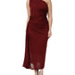 Red Viscose Fitted One Shoulder Midi Dress