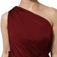 Red Viscose Fitted One Shoulder Midi Dress