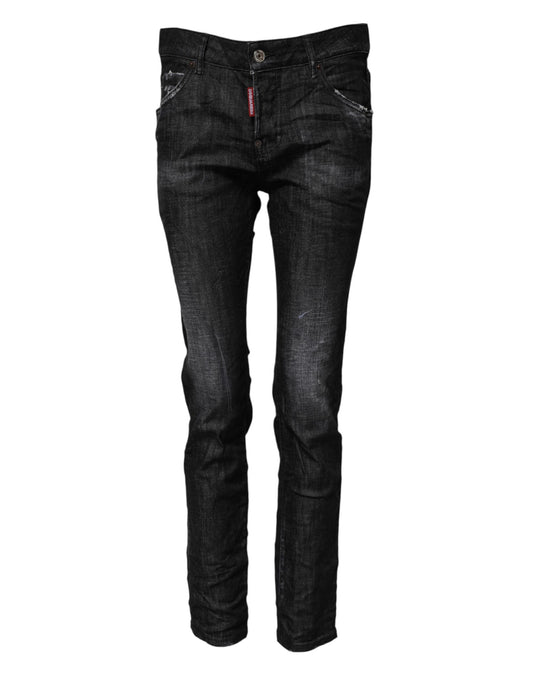 Black Washed Cotton Mid Waist Skinny Jeans
