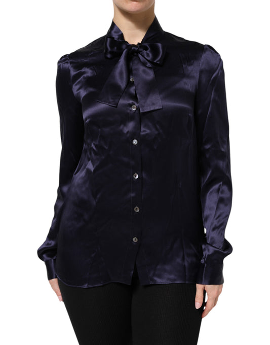 Dark Purple Silk Ascot Collared Blouse Top