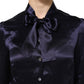 Dark Purple Silk Ascot Collared Blouse Top