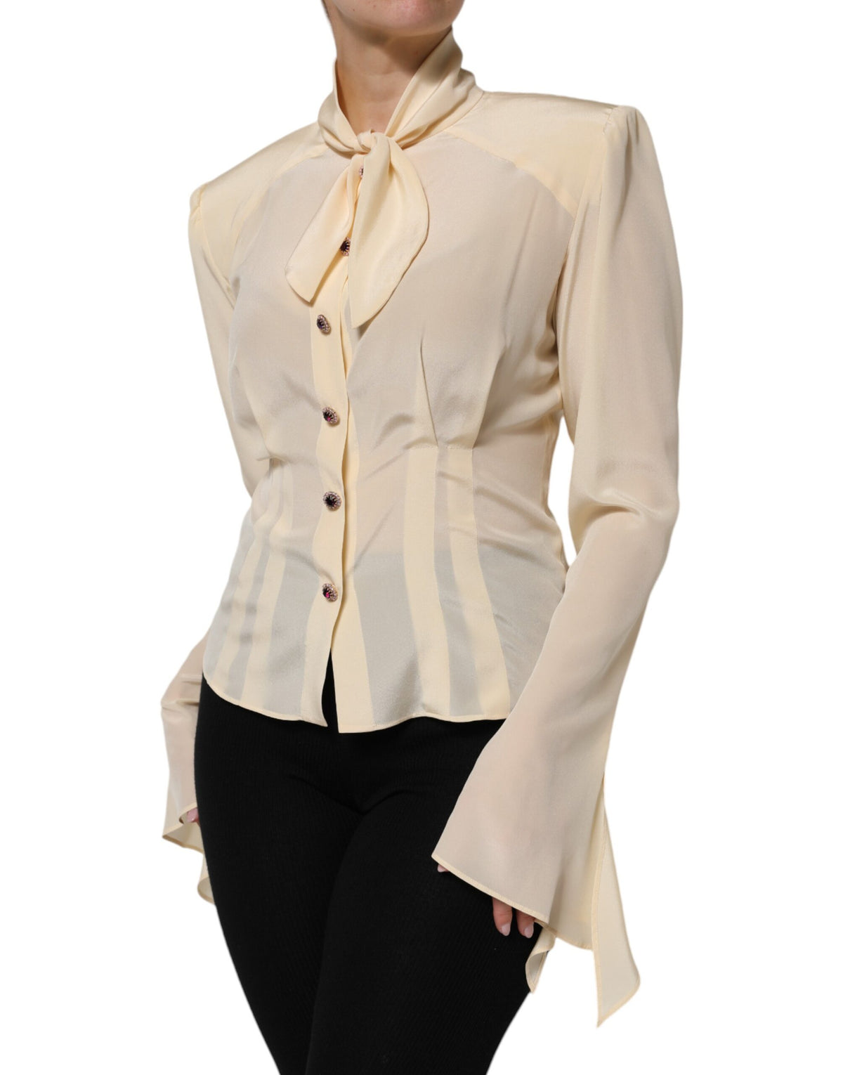 Light Yellow Silk Ascot Collared Blouse Top