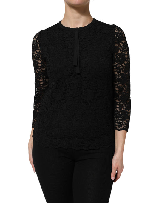 Black Nylon Lace Long Sleeve Blouse Top