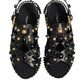 Black Leather Studded Ankle Strap Sandals Shoes