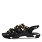 Black Leather Studded Ankle Strap Sandals Shoes