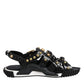 Black Leather Studded Ankle Strap Sandals Shoes
