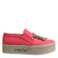 Pink Canvas Crystal Embellished Slip On Shoes