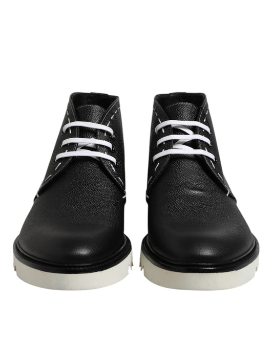 Black White Leather Ankle Boots Shoes