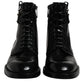 Black Leather Mid Calf Boots Lace Up Shoes