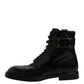 Black Leather Mid Calf Boots Lace Up Shoes