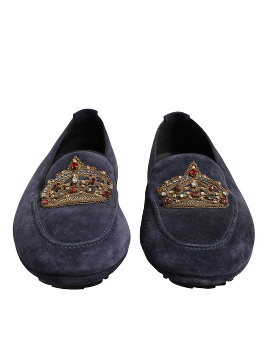 Blue Suede Crown Crystal Loafers Dress Shoes
