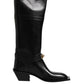 Black Leather High Boots Flats Shoes